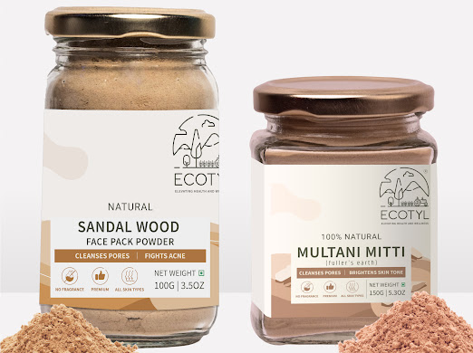 Ecotyl Face Pack Combo - Sandalwood Powder and Multani Mitti | Duo for Skin Brightening and Glow | 100g + 150g